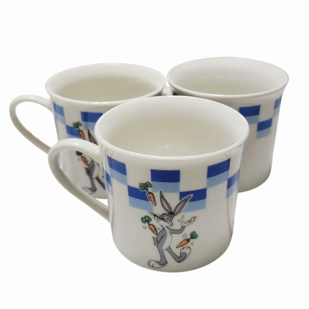 Set of 3 Looney Tunes Bugs Bunny Mugs Gibson 1999 Warner Bros Blue Checkered